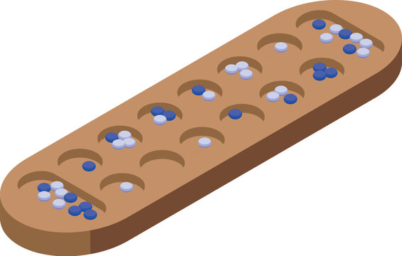 Mancala board game in progress, showcasing strategic placement of blue and white playing pieces within its wooden compartments