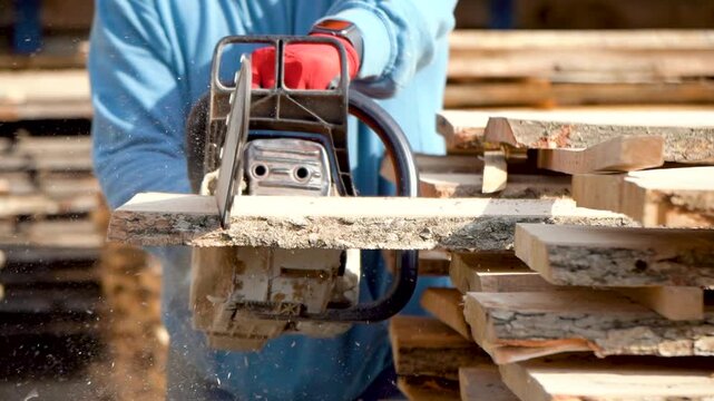 Ash boards. a worker saws off a control piece of board with a gasoline saw