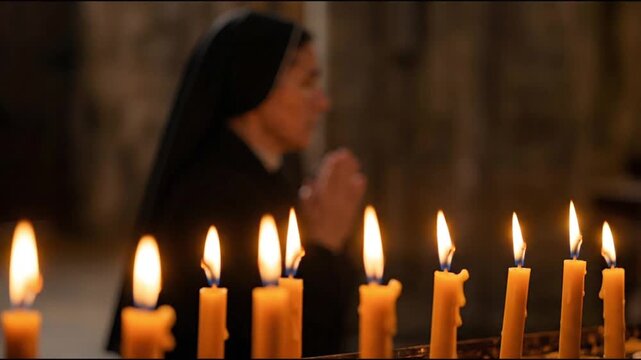 The serene glow of flickering yellow candles lights a sacred space where a devoted nun is seen in silent prayer, embodying faith, hope, and spiritual reflection