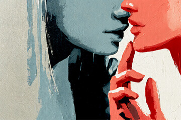 An expressive abstract painting showing two stylized human faces in close proximity, rendered with bold brushstrokes and contrasting colors that suggest intimacy and tension.