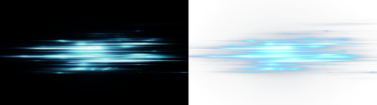 Bright blue light streaks move quickly across a dark background and a white background creating a high-speed effect