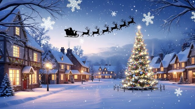 Merry christmas day winter wonderland scene with santa claus sleigh ride