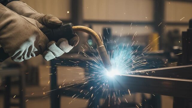 Worker uses mig welding steel sparks metal light industrial metal fabrication protective gloves closeup bright sparks intense light precision skill