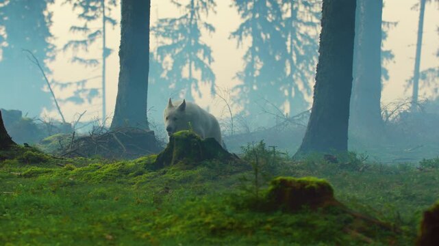 A wolf roaming through a mystical forest