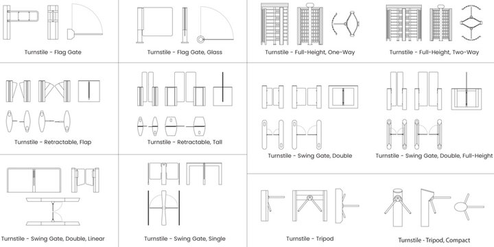 Turnstile Gate vector set with plan, Elevation, architectural element, blueprint, door, security gate, checkpoint, customizable stroke