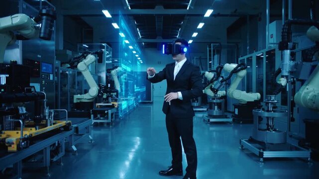 Industrial supervisor managing automated production line through metaverse interface. Professional male wearing virtual reality headset in smart manufacturing facility.