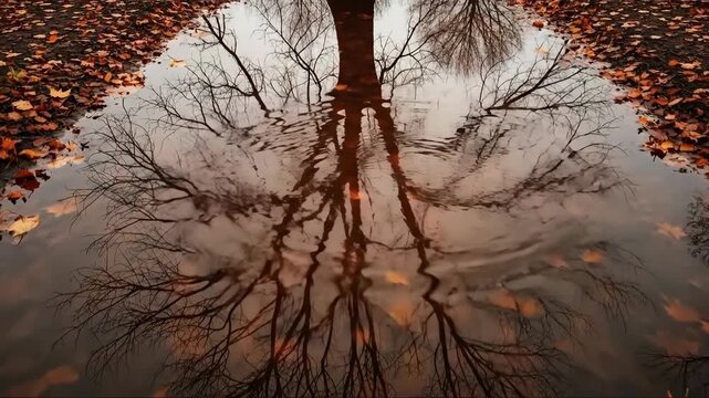 Reflective puddle ripples with autumn leaves and bare trees creating mesmerizing patterns