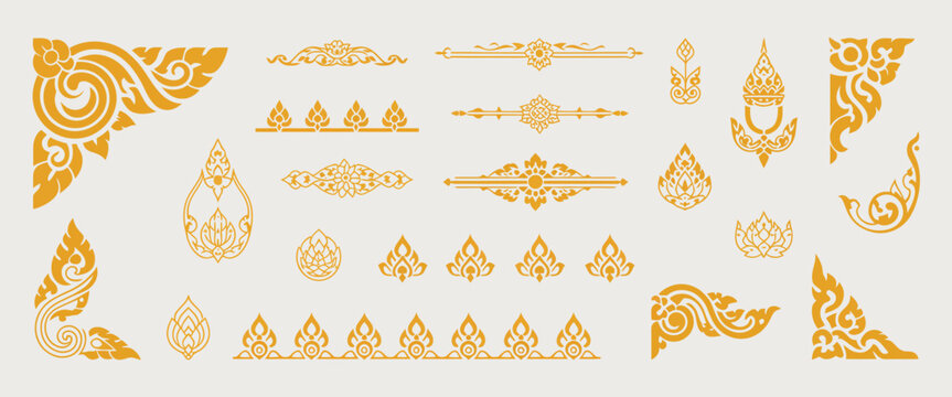 Thai Decoration Elements Design Collection Featuring Traditional Kanok Patterns, Lotus Ornaments, Floral Symbols, Elegant Borders, and Corner Motifs, Ideal for Luxury Branding and Cultural Design