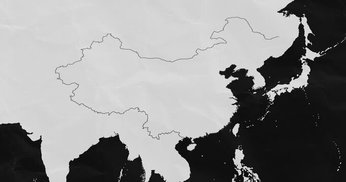 Beautiful zoom in of a black and grey China map with most important cities and frontier lines