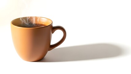 Obraz premium Steaming hot coffee in a modern brown mug on white background