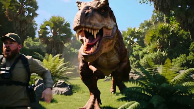 Bearded explorer running away from Tyrannosaurus Rex in tropical jungle. Man in safari outfit fleeing from dinosaur in prehistoric forest. Handheld tracking shot.