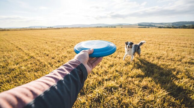 POV hand holding blue frisbee for Australian Shepherd dog in sunny field. Scene depicts active lifestyle and pet bonding suitable for outdoor recreation and animal training concepts.