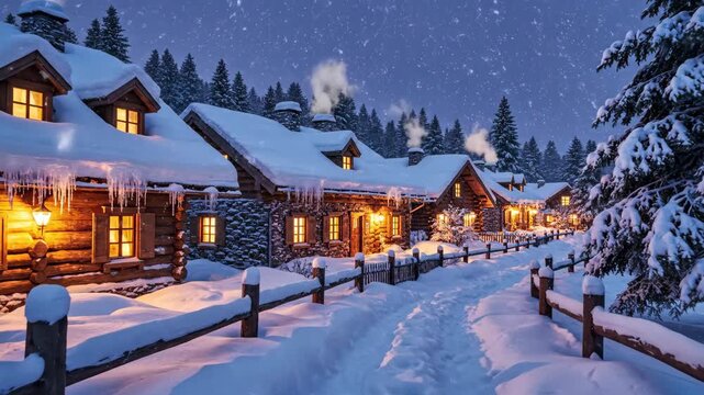 Cozy winter village. Snow-covered village homes glow with warm light, creating a cozy winter atmosphere in a calm outdoor setting.