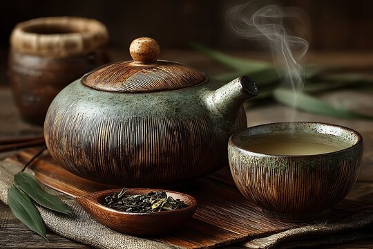 Handmade bamboo teapot and cup with steam high resolution picture