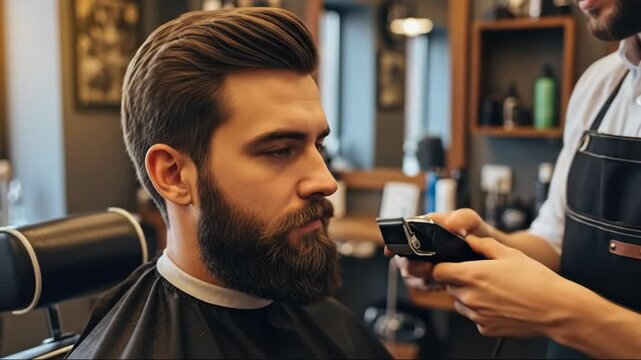 Gentleman getting beard trimmed and styled at modern barbershop by skilled barber