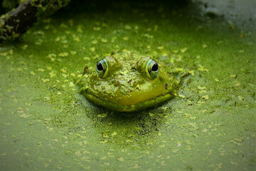 American bullfrog in algae and duckweed covered lake.