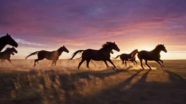 Horses galloping freely across the open plains during a vibrant sunset viewed from a distance.