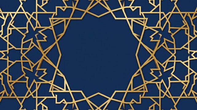 Golden Elegance: Seamlessly looping animation of a shimmering Islamic geometric star pattern rotating slowly against a deep royal blue background, perfect for luxury branding, Ramadan, Eid.