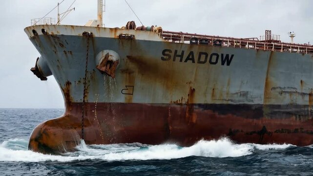 Weathered cargo ship bow cutting through ocean waves. Low angle view of shadow fleet vessel with rusty hull.
