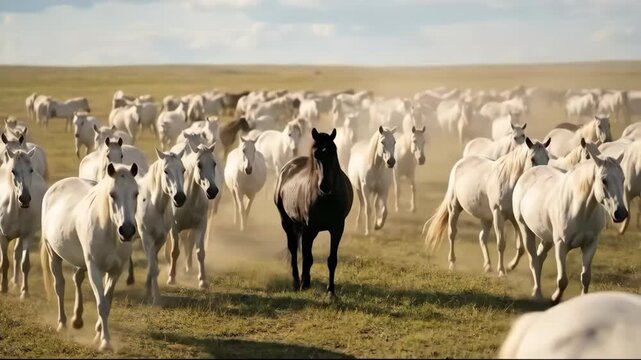 Black stallion leading and standing among herd of white mares vast grassland plain, lone horse
