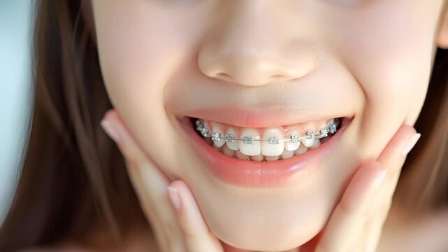Close-up of a happy smile of a young woman with healthy white teeth with metal braces. Dentistry concept	
