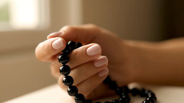 Womans hand holding black beaded bracelet near window