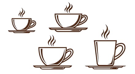 A collection of stylized graphic illustrations featuring various steaming coffee cup designs on saucers, perfect for caf&eacute; menus or beverage-related projects requiring hot drink imagery
