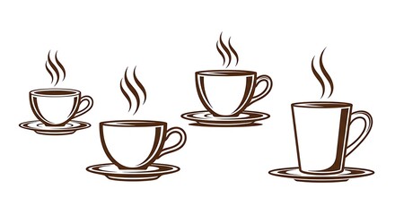Obraz premium Elegant monochrome illustration of steaming hot beverage cups, a versatile graphic collection for coffee shops, cafes, and drink-related designs perfect for menu accents or branding