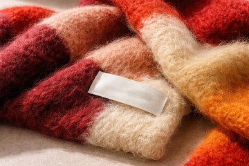 Close-up of a blank white label on a soft striped mohair wool scarf