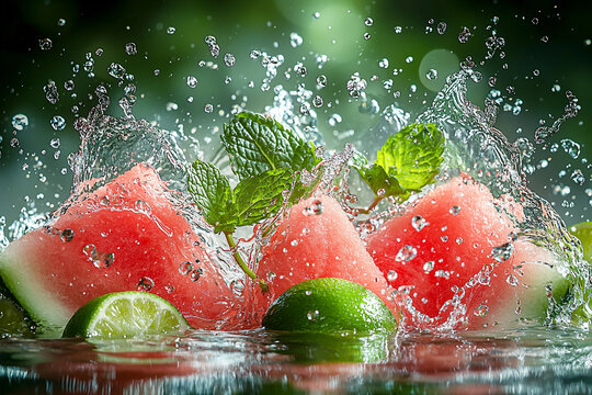 Close-up of watermelon slices with lime and mint in water Generative AI