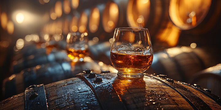 Whiskey in tasting glass on barrel in distillery Generative AI