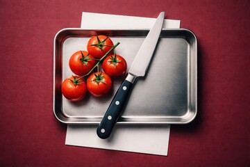 Fresh Red Tomatoes on Vine with Chef Knife on Stainless Steel Tray