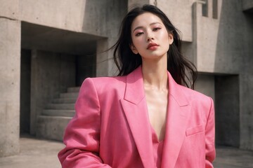 Stylish Asian woman in bright pink oversized blazer posing outdoors