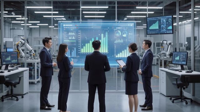 Corporate management team evaluating production metrics on transparent digital interface. Asian professionals discussing manufacturing data in automated factory setting.