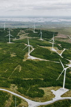 Connemara aerial landscape with wind turbines of Galway Wind Park located in Cloosh Valley, County Galway. Largest onshore wind farm in Ireland. Galway Wind Way recreation.