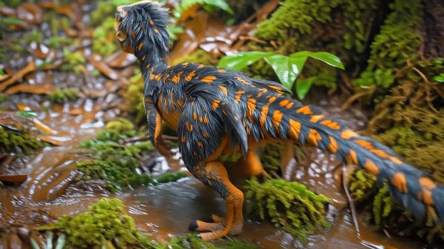 Feathered dinosaur walking through lush prehistoric jungle. Tracking shot of small predator moving across wet forest floor.