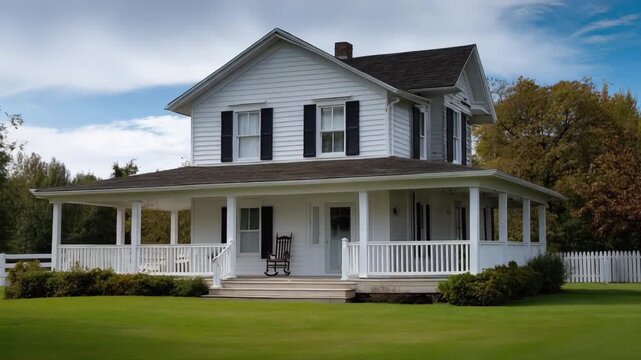 White farmhouse with wraparound porch and green lawn in quiet suburban countryside under cloudy blue sky