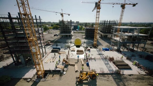 Unmanned aerial vehicle wearing yellow hard hat flying over active construction site. Drone monitoring building progress with cranes and workers. Backward camera movement.