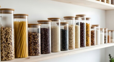 Organized Pantry Shelf with Glass Jars: Healthy Dry Food Storage of Pasta, Nuts, Beans, and Grains for Sustainable Kitchen Living and Home Organization