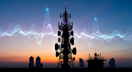 A towering antenna's silhouette against a sunset sky, with glowing digital waves, symbolizes modern global wireless connectivity and data transmission.