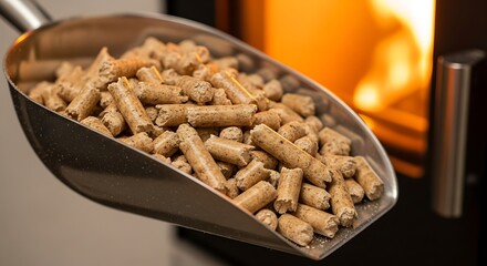 Sustainable wood pellets in a metal scoop, ready for a modern biomass stove. Eco-friendly heating fuel, with a warm, glowing fire blurred in the background, symbolizing renewable energy.