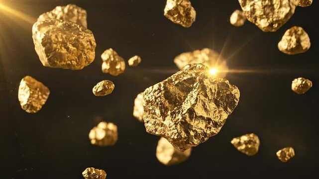 Golden nuggets floating in space with dynamic lens flare. Riches and wealth, precious metal investment concept. Spectacular motion animation of mining operations, rising precious metal prices.