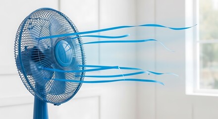 Modern Blue Electric Fan Blowing Cool Air for Summer Comfort and Heat Relief in a Bright Home or Office Setting, Illustrating Efficient Air Circulation