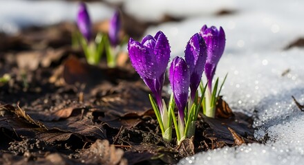 Vibrant purple crocus flowers, adorned with sparkling water droplets, bravely emerge through melting snow and autumn leaves, signaling the arrival of spring and new beginnings.