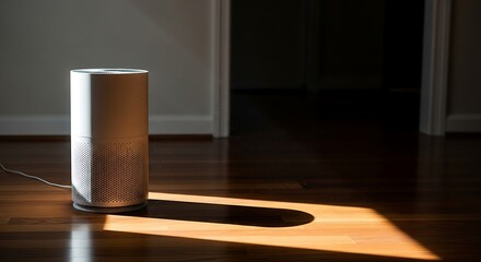 Modern cylindrical air purifier on a polished hardwood floor, bathed in a dramatic sunbeam highlighting airborne dust, symbolizing clean indoor air and healthy home living.