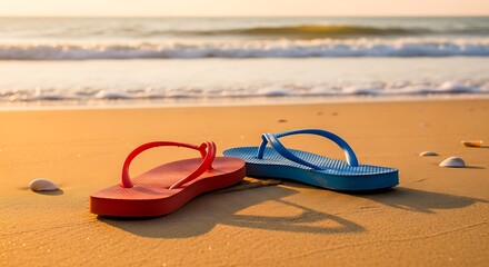 Red and blue flip-flops on golden beach sand, with sparkling ocean waves in the background under a warm sunset glow, evoking summer vacation, travel, and tranquil seaside relaxation.