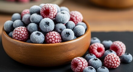 Vibrant frozen blueberries and raspberries in a rustic wooden bowl, showcasing frosty textures and rich colors. Perfect for healthy eating, dessert, and fresh fruit concepts.