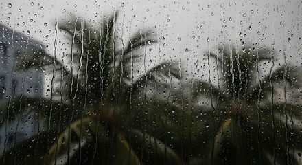 Rainy Day Window View: Close-up of Water Drops and Streaks on Glass with Blurred Green Foliage Background, Evoking Calm and Melancholy Weather