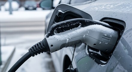 Electric car charging in winter, with snow and ice covering the charging port and cable. Sustainable transportation and eco-friendly vehicle technology in cold weather.