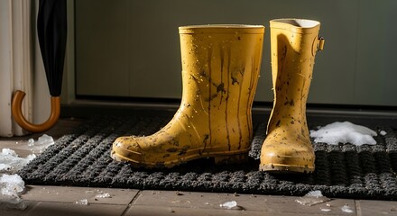 Mud-splattered yellow rubber boots standing on a dark doormat indoors, with melted snow and an umbrella nearby, depicting a messy return from wet weather conditions.
